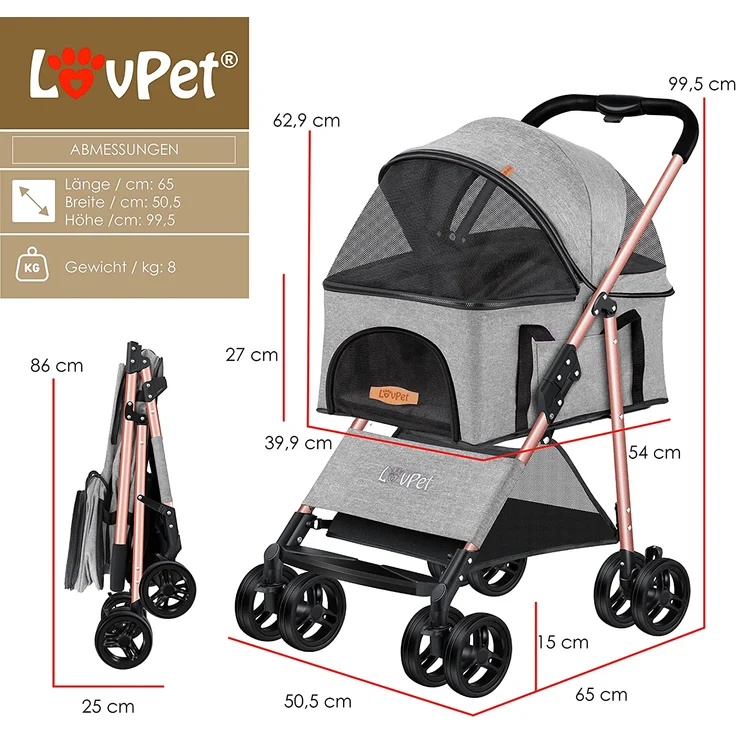 LOVPET® Hundewagen 2in1 Hundebuggy Hundebox Transporttasche, faltbar, klappbar, max. belastbar bis 20 kg, mit Netzfenstern, Regenschutzabdeckung, Hellgrau - Preisvergleich – Bild 4
