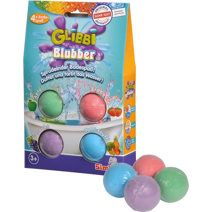 Simba Glibbi Blubber Badebomben 4er Set – sprudelnd, bunt, duftend, für Kinder ab 3, Badespaß mit Farbeffekt
