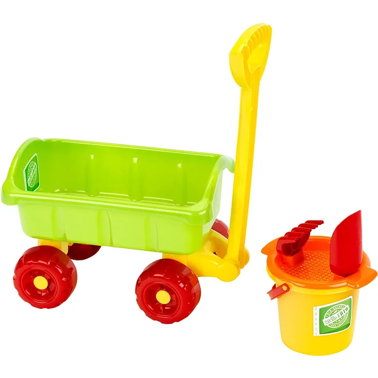 Theo Klein, Bollerwagen mit Sandeimer Set, Klein goes BIO, 45x21,5x27cm, gelb/grün/rot, 5tlg, 7619