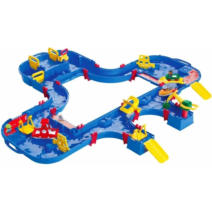 AquaPlay 'Multi-Set' Wasserbahn, 145 x 160 x 22 cm, inkl. Kran, Wasserpumpe, Paddelrad, Boot, Wasserfahrzeug und kleinem Fähranleger – Bild 1