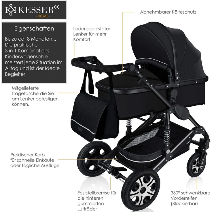 KESSER® 'Loops' Kombikinderwagen 3 in 1 Kinderwagen inkl. Babywanne, Buggy Sportsitz, Auto-Babyschale - Voll-Gummireifen - Wickeltasche/Regenschutz Schwarz / Schwarz – Bild 2