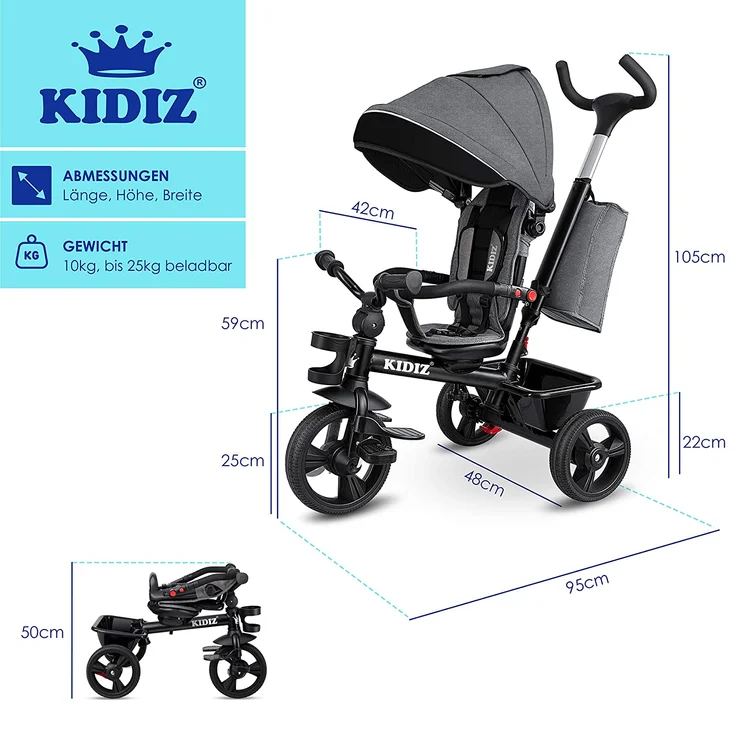 KIDIZ '5in1 Kinderdreirad', mit Schubstange, Lenksystem Stange, Korb, Tasche, Sonnendach, Gummiräder, Grau, ab 1 Jahr – Bild 8