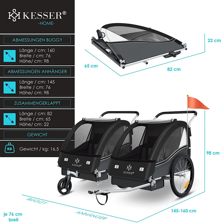 KESSER® Fahrradanhänger Sport-RX 2 in 1, mit Joggerfunktion, 5-Punkt Sicherheitsgurt, 360°-Vorderrad, für 1 bis 2 Kinder, max. 40kg, Schwarz - Preisvergleich – Bild 6