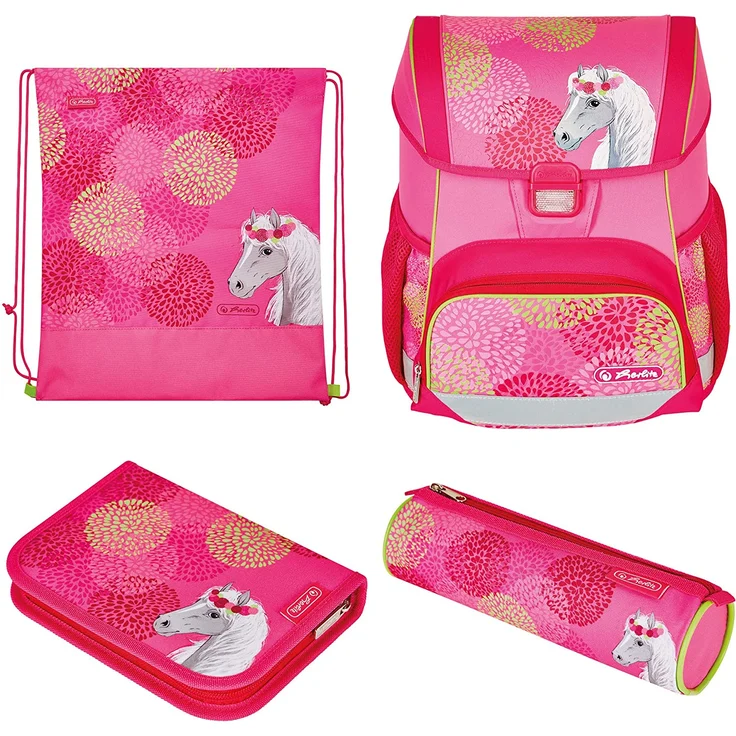 Herlitz Loop Plus Bloomy Horse Schulranzen, pink, inkl. 16 tlg. Schüleretui, Faulenzermäppchen, Sportbeutel – Bild 1