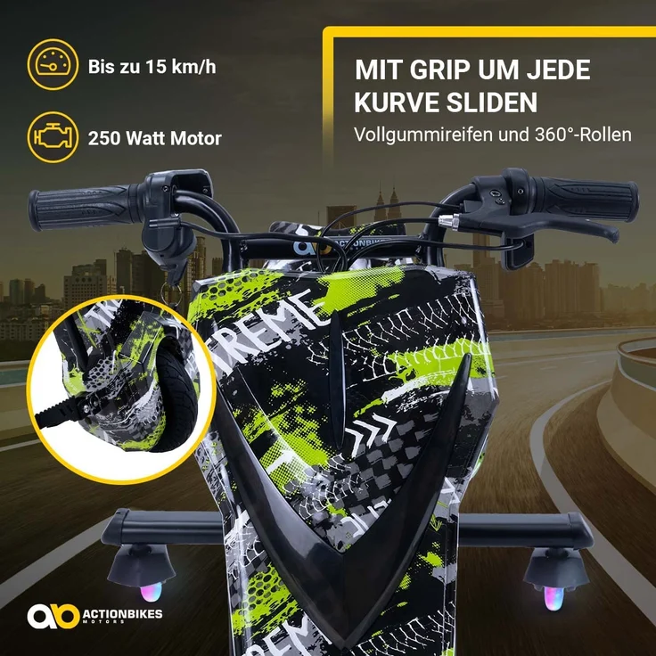 Kinder Elektro Drift Trike Scooter LED Driftrollen 360° bis zu 15km/h drosselbar (Grün Polo) – Bild 6