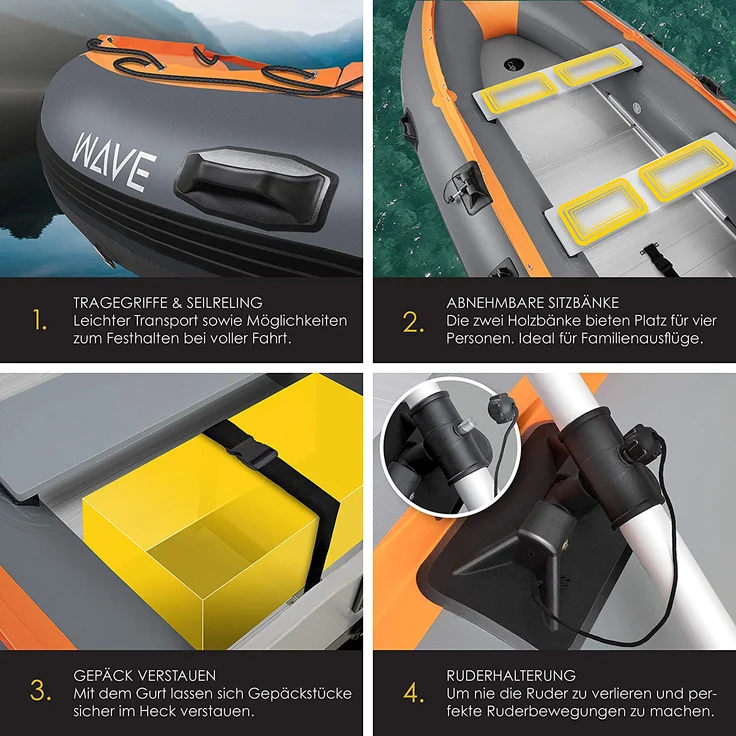 KESSER 'Schlauchboot 3,20 m', für 4 Personen, WAVE Motor geeignet, mit 2 Sitzbänken, Alu-Boden, Paddel, Pumpe, Reparaturset, Tasche, PVC, Grau / Orange – Bild 3