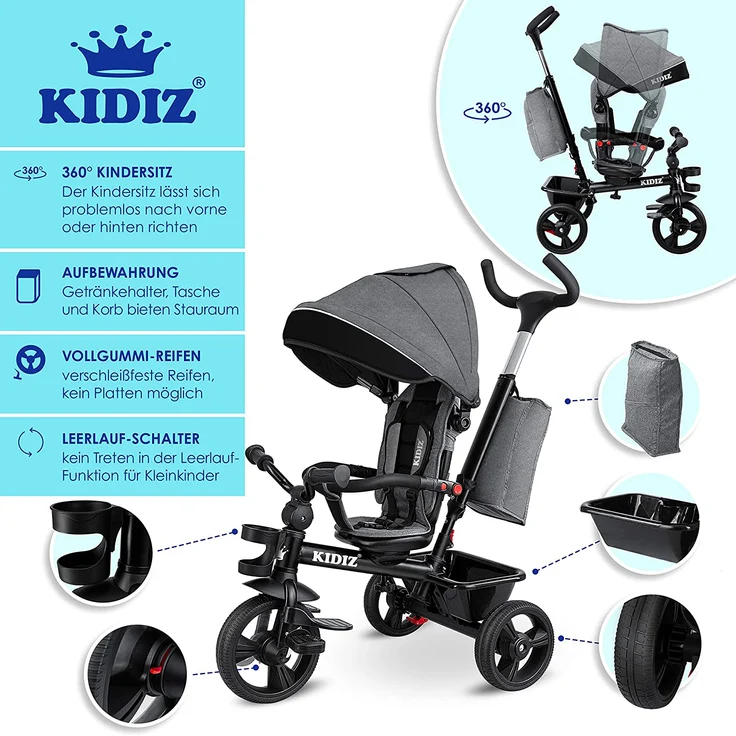 KIDIZ '5in1 Kinderdreirad', mit Schubstange, Lenksystem Stange, Korb, Tasche, Sonnendach, Gummiräder, Grau, ab 1 Jahr – Bild 3