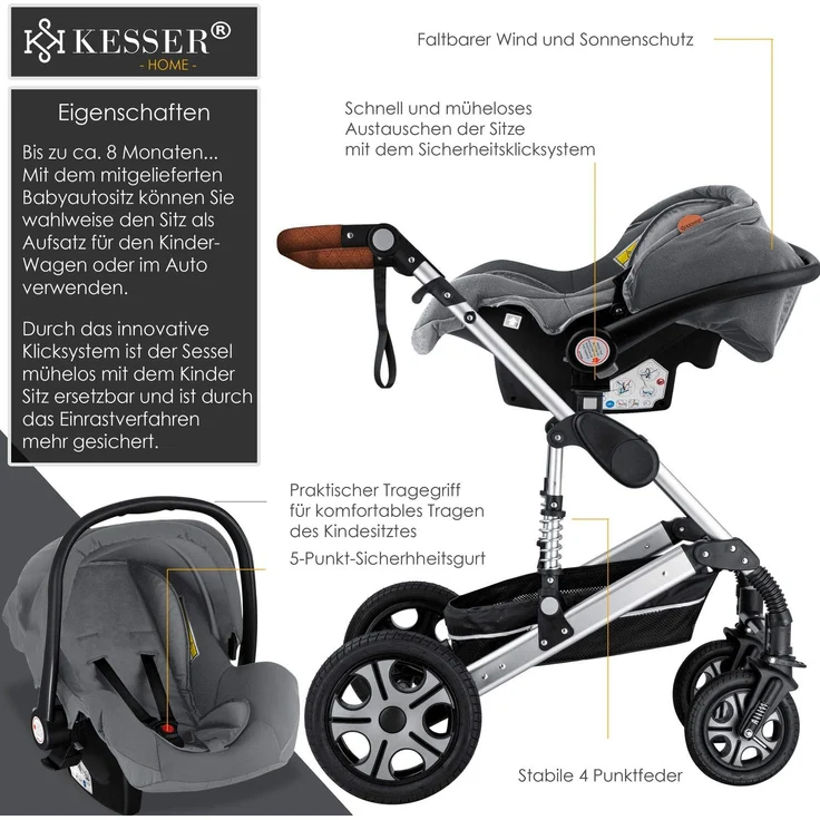 KESSER® 'Loops' Kombikinderwagen 3 in 1 Kinderwagen inkl. Babywanne, Buggy Sportsitz, Auto-Babyschale - Voll-Gummireifen - Wickeltasche/Regenschutz Grau / Silber – Bild 3