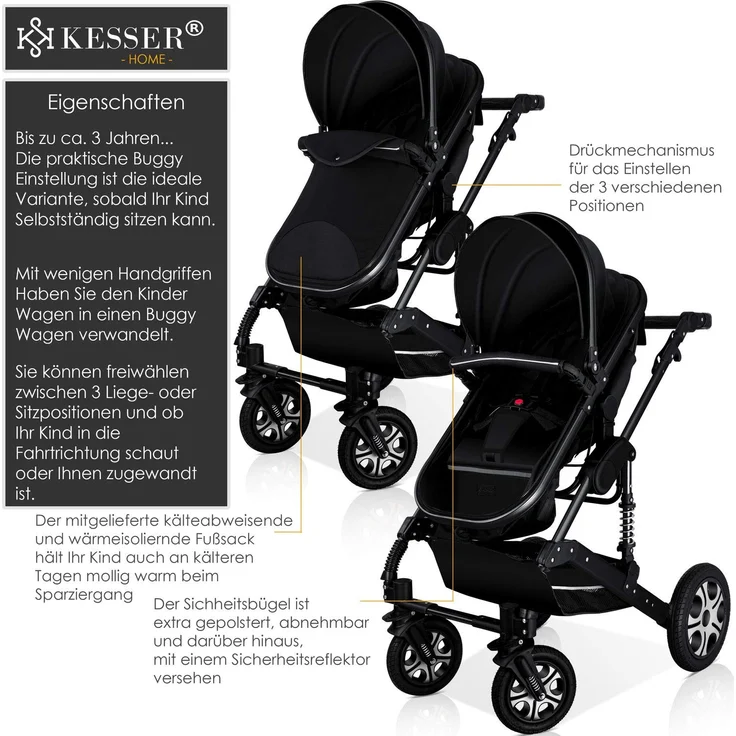 KESSER® 'Loops' Kombikinderwagen 3 in 1 Kinderwagen inkl. Babywanne, Buggy Sportsitz, Auto-Babyschale - Voll-Gummireifen - Wickeltasche/Regenschutz Schwarz / Schwarz – Bild 4