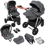 BabyGO 'Halime Air' Kombikinderwagen 4plusin1 Grau / Gestell Silber inkl. Sitz, Wanne, Babyschale, Wickeltasche, Adapter, Fußsack, Regenfolie