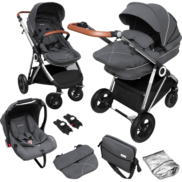 BabyGO 'Halime Air' Kombikinderwagen 4plusin1 Grau / Gestell Silber inkl. Sitz, Wanne, Babyschale, Wickeltasche, Adapter, Fußsack, Regenfolie
