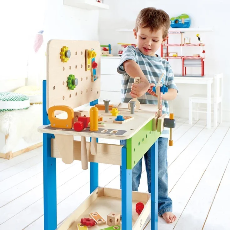 Hape E3000 'Meister-Werkbank', ab 3 Jahren, 40 Teile, höhenverstellbar, 55 x 80,7 x 28 cm, natur/blau/grün – Bild 4
