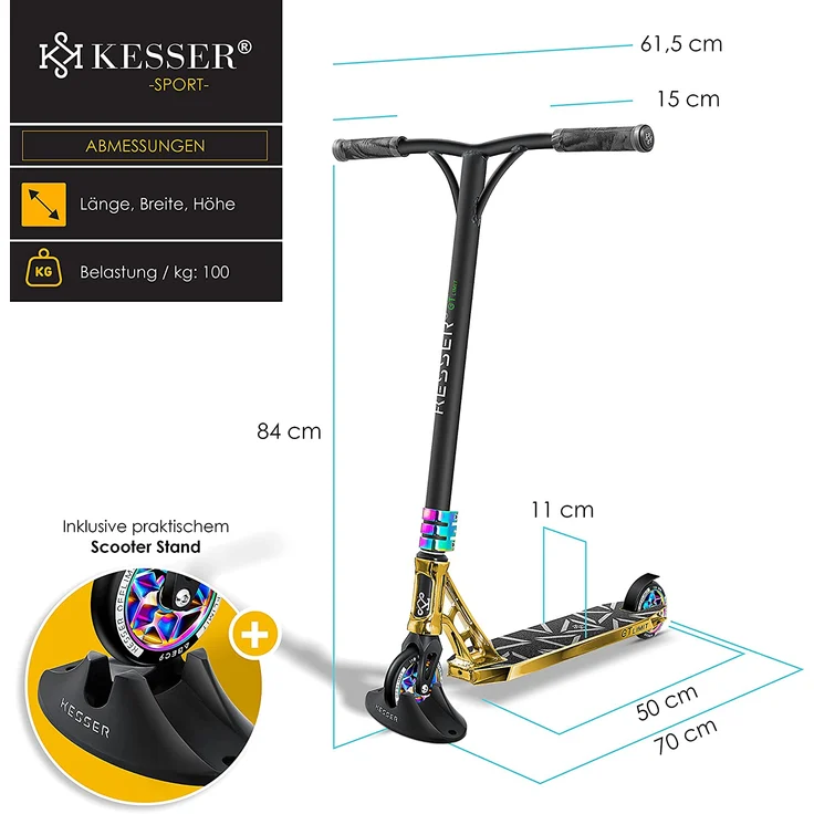KESSER 'Stunt Scooter GT-Limit', 360° Lenkung, mit Ständer, ABEC 9 Kugellagern, 110 mm PU Räder, max. belastbar bis 100 kg, Gold – Bild 3