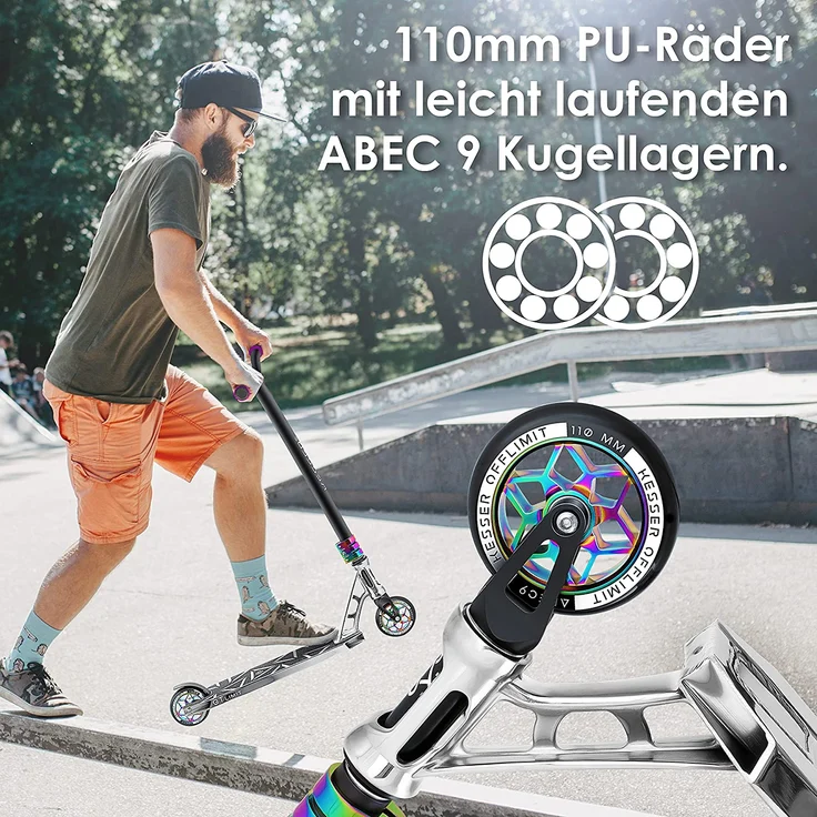KESSER 'Stunt Scooter GT-Limit', 360° Lenkung, mit Ständer, ABEC 9 Kugellagern, 110 mm PU Räder, max. belastbar bis 100 kg, Silber – Bild 5