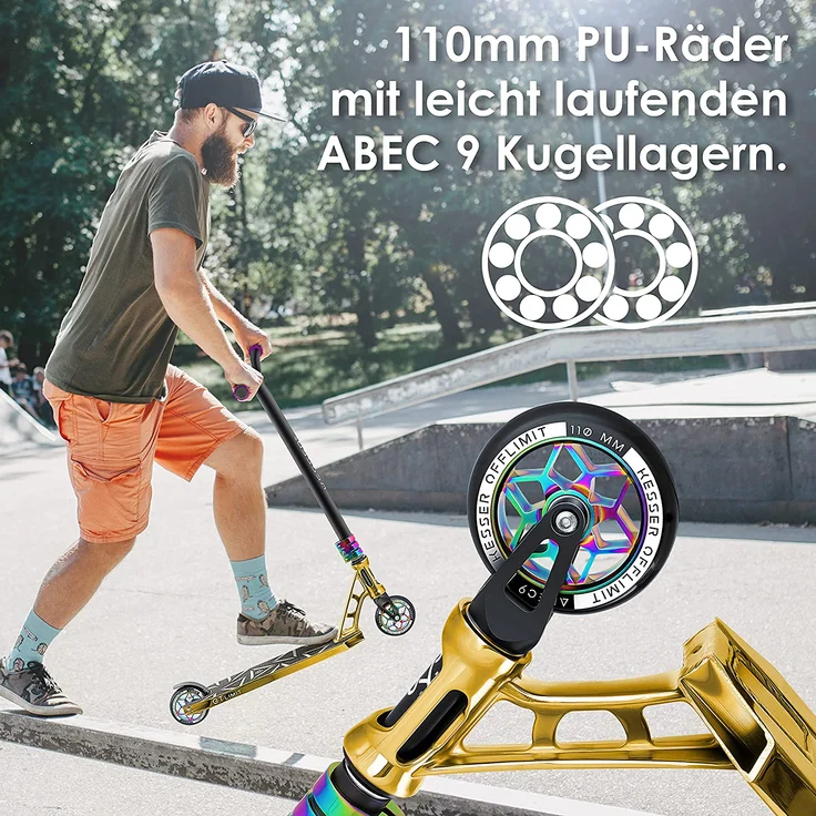 KESSER 'Stunt Scooter GT-Limit', 360° Lenkung, mit Ständer, ABEC 9 Kugellagern, 110 mm PU Räder, max. belastbar bis 100 kg, Gold – Bild 5