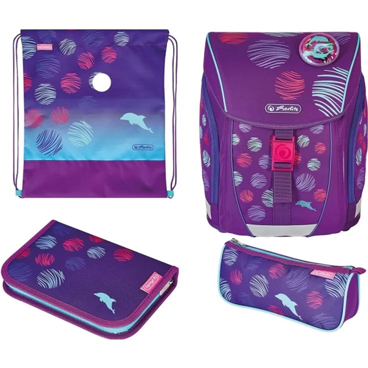 Herlitz FiloLight Plus Sea Bubbles Schulranzen, dunkelblau/violett, inkl. befülltem 16 tlg. Schüleretui, Faulenzer Mäppchen, Sportbeutel