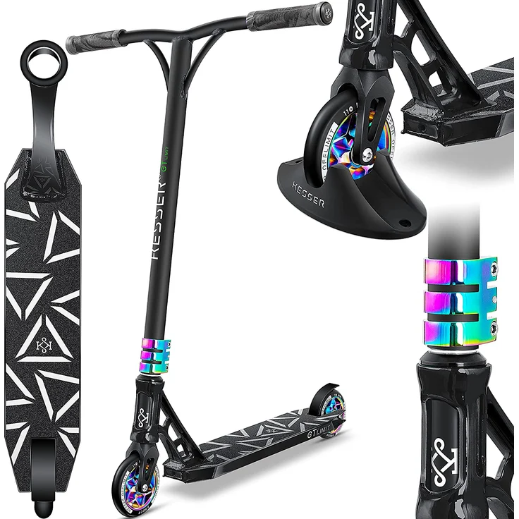 KESSER 'Stunt Scooter GT-Limit', 360° Lenkung, mit Ständer, ABEC 9 Kugellagern, 110 mm PU Räder, max. belastbar bis 100 kg, Schwarz / Rainbow – Bild 2