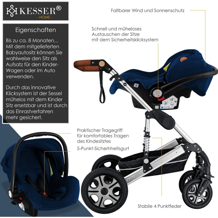 KESSER® 'Loops' Kombikinderwagen 3 in 1 Kinderwagen inkl. Babywanne, Buggy Sportsitz, Auto-Babyschale - Voll-Gummireifen - Wickeltasche/Regenschutz Blau / Silber – Bild 3