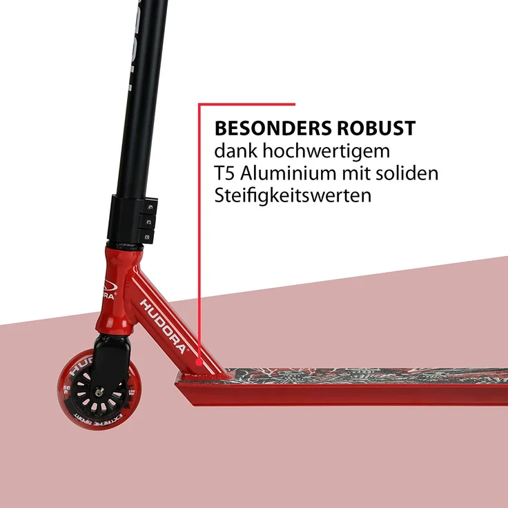 HUDORA 14026 'Stunt-Scooter XQ-13' Scooter, ab eta 8 Jahre, Lenkerhöhe ca. 82,5 cm, 360° Lenkung, 50er BMX-Lenker, max. belastbar bis 100 kg, rot – Bild 4