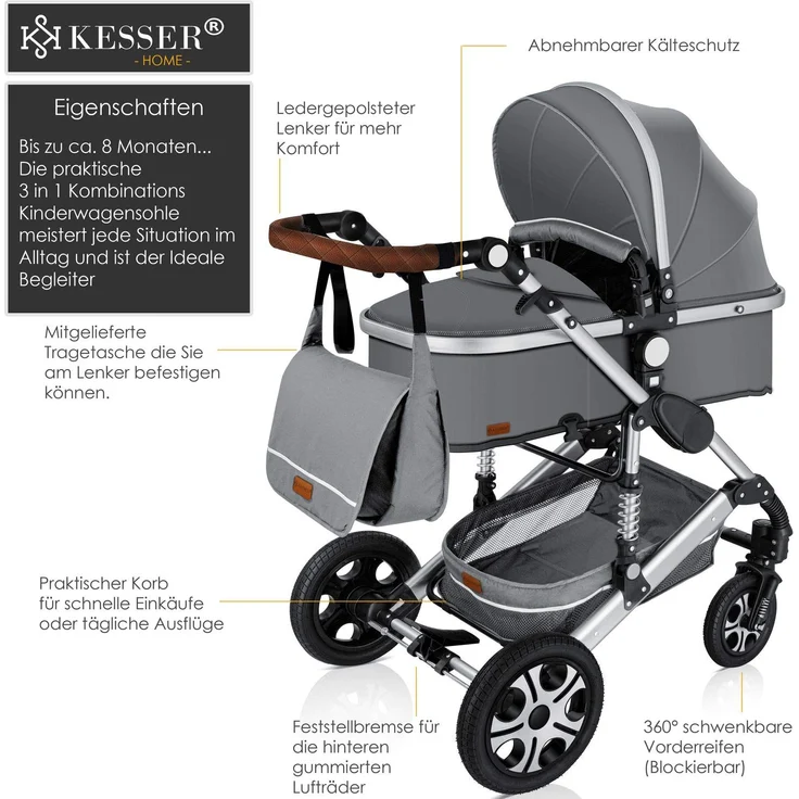 KESSER® 'Loops' Kombikinderwagen 3 in 1 Kinderwagen inkl. Babywanne, Buggy Sportsitz, Auto-Babyschale - Voll-Gummireifen - Wickeltasche/Regenschutz Grau / Silber – Bild 2