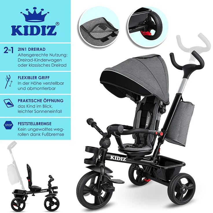 KIDIZ '5in1 Kinderdreirad', mit Schubstange, Lenksystem Stange, Korb, Tasche, Sonnendach, Gummiräder, Grau, ab 1 Jahr – Bild 2