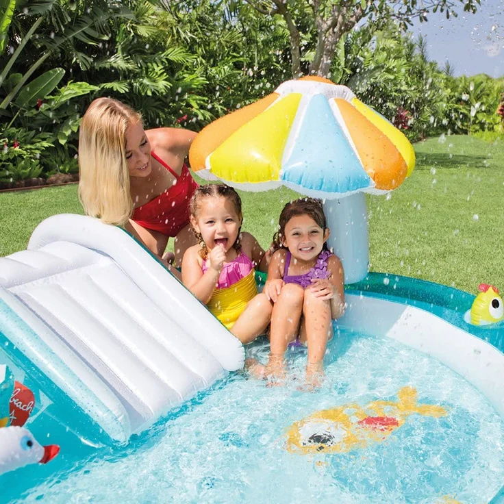 Intex 'Playcenter Gator', Krokodil-Planschbecken, 203 x 173 x 89 cm, ab 3 Jahren, inkl. Rutsche, Krokodil als Wassersprüher, aufblasbaren Pilz, Wassereimer 2 Fische und Entchen – Bild 3