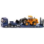 Siku 1790, MAN-LKW mit Tieflader und JCB Radlader, 1:87, Metall/Kunststoff, Blau/Gelb, Klappbare Auffahrrampe, Beweglicher Ladearm