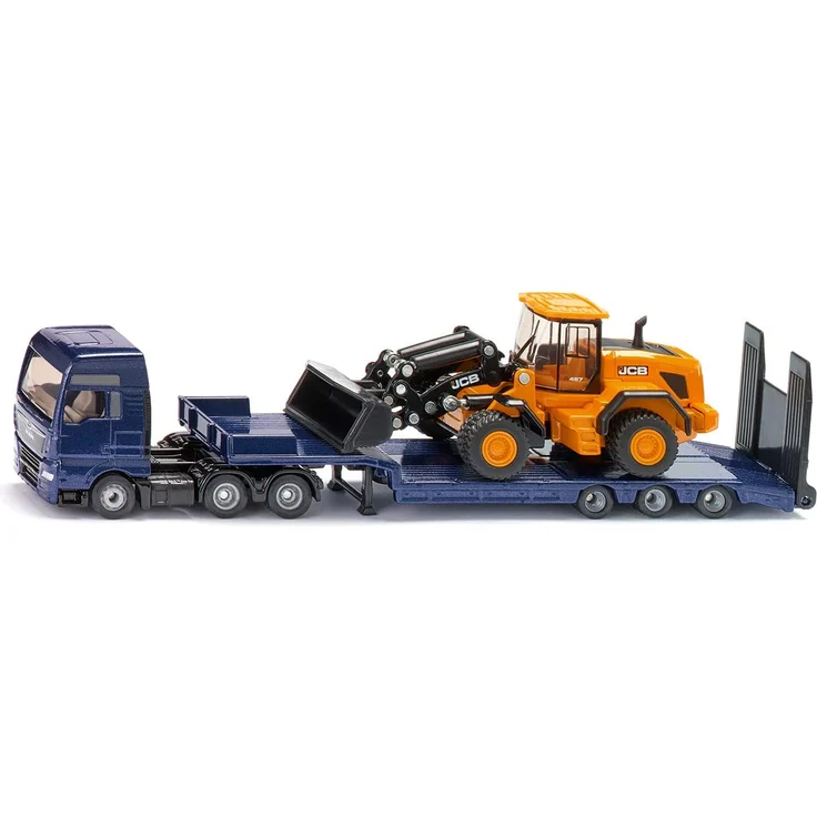 Siku 1790, MAN-LKW mit Tieflader und JCB Radlader, 1:87, Metall/Kunststoff, Blau/Gelb, Klappbare Auffahrrampe, Beweglicher Ladearm – Bild 1