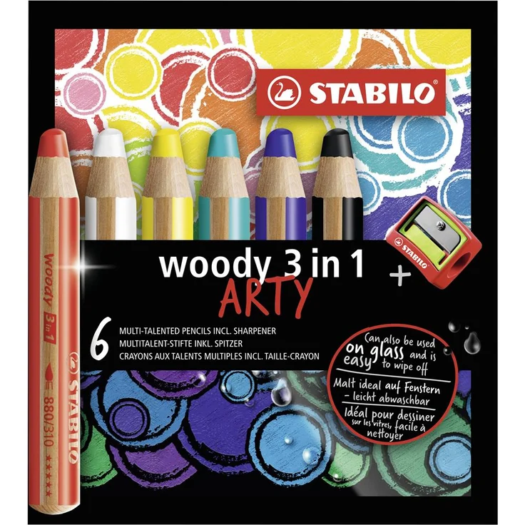Buntstift, Wasserfarbe & Wachsmalkreide - STABILO woody 3 in 1 - ARTY - 6er Pack - mit 6 verschiedenen Farben und Spitzer – Bild 1