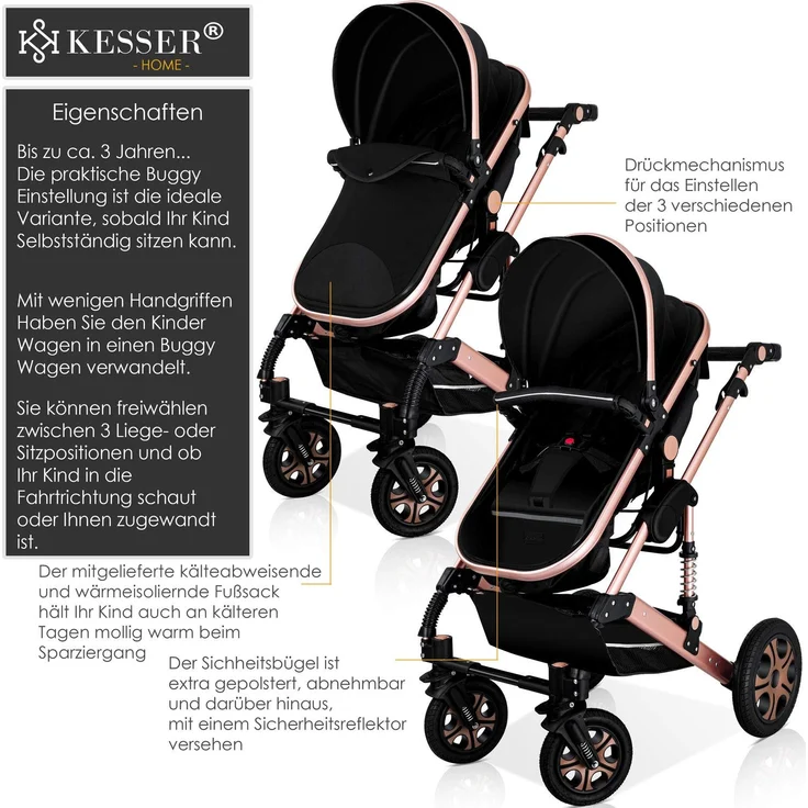 KESSER® Loops 3 in 1 Kinderwagen Kombikinderwagen Komplettset incl. Babywanne & Buggy Sportsitz & Auto-Babyschale - Voll-Gummireifen - Wickeltasche/Regenschutz/Kindertisch Set Schwarz / Champagne – Bild 2
