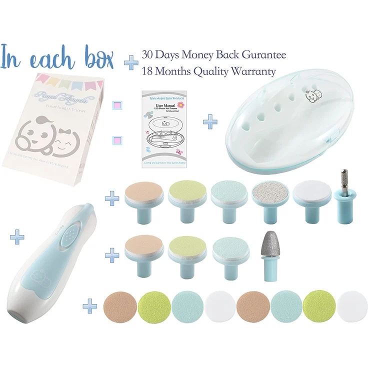Royal Angels - Elektrische Baby Nagelfeile 20 in 1 - Sicherer Baby Nagelschneider, Baby Nagelpflege, zusätzliche Ersatzköpfe,Baby Nagel (Blau) – Bild 2