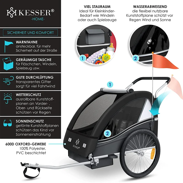 KESSER® Fahrradanhänger Sport-RX 2 in 1, mit Joggerfunktion, 5-Punkt Sicherheitsgurt, 360°-Vorderrad, für 1 bis 2 Kinder, max. 40kg, Schwarz - Preisvergleich – Bild 2