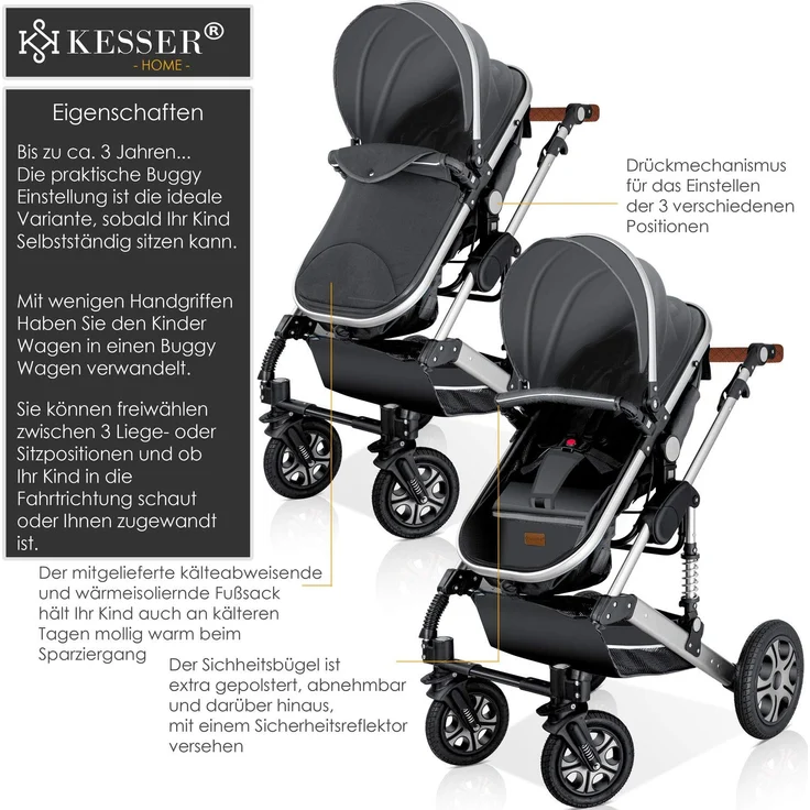 KESSER® 'Loops' Kombikinderwagen 3 in 1 Kinderwagen inkl. Babywanne, Buggy Sportsitz, Auto-Babyschale - Voll-Gummireifen - Wickeltasche/Regenschutz Grau / Silber – Bild 4