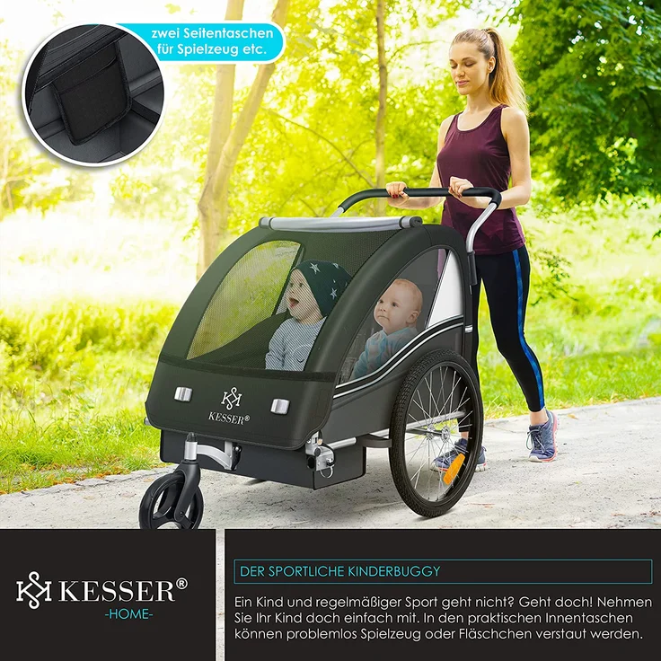 KESSER® Fahrradanhänger Sport-RX 2 in 1, mit Joggerfunktion, 5-Punkt Sicherheitsgurt, 360°-Vorderrad, für 1 bis 2 Kinder, max. 40kg, Schwarz - Preisvergleich – Bild 5