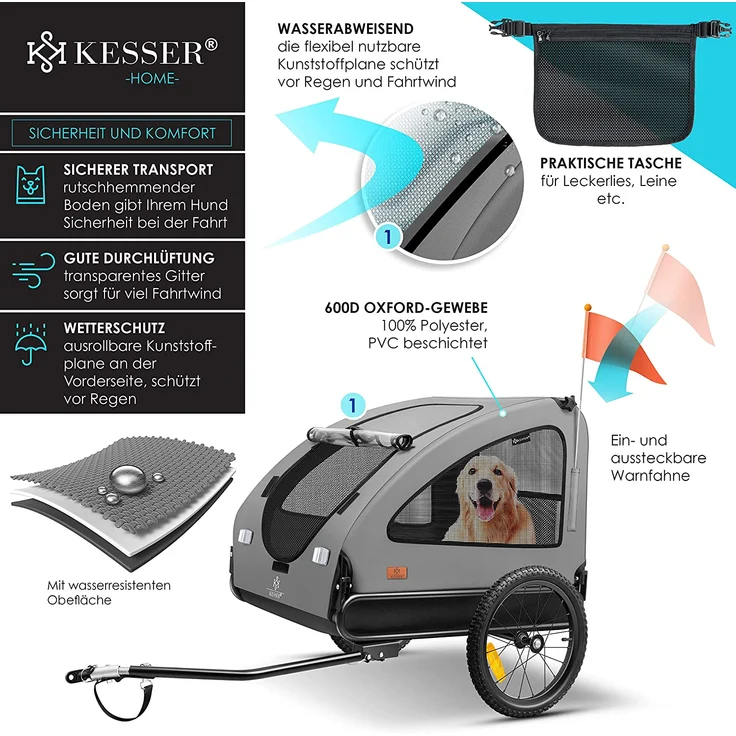 KESSER® Hundeanhänger Boxer 2-in-1 Fahrradanhänger, ca. 250L Volumen, Inkl. Fahne und Tasche, Klappbar SmartSpace Concept, maximale Belastbarkeit: 45kg, Grau / Schwarz – Bild 3