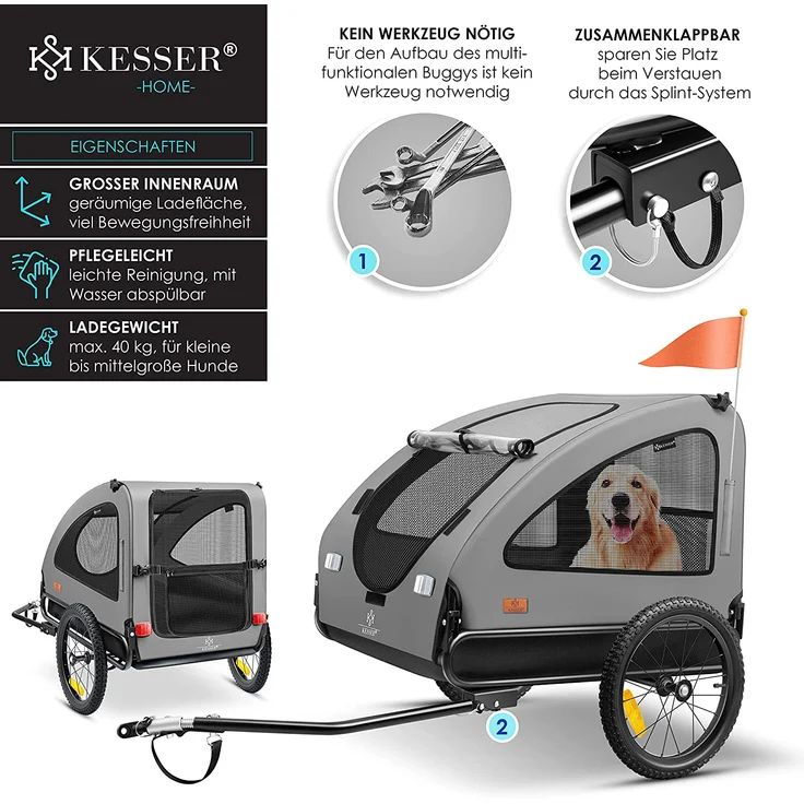 KESSER® Hundeanhänger Boxer 2-in-1 Fahrradanhänger, ca. 250L Volumen, Inkl. Fahne und Tasche, Klappbar SmartSpace Concept, maximale Belastbarkeit: 45kg, Grau / Schwarz – Bild 2