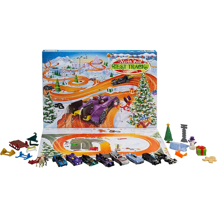 Hot Wheels 'Adventskalender', 8 Hot Wheels-Fahrzeuge und 16 Zubehörteile rund um Weihnachten, ab 3 Jahren,