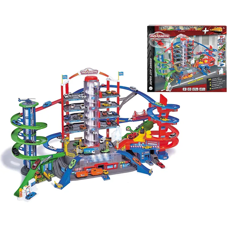 Majorette 'Super City Garage', motorisierte Bahn für Modellautos mit Parkplätzen und Eisenbahn, sieben Etagen, ab 5 Jahren