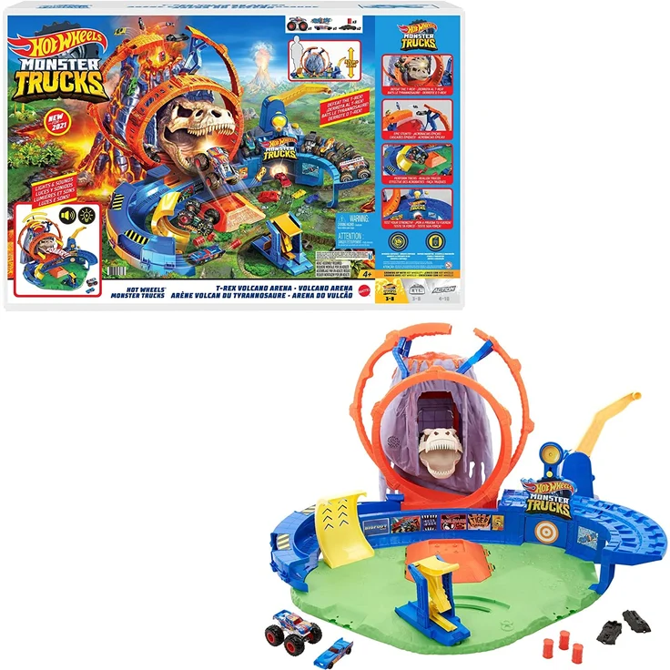 Mattel GYL14 Hot Wheels 'Monster Trucks T-Rex Vulkanarena' Rennbahn, ab 4 Jahren, enthält 2 Starter, 1 Monster Truck und 1 Auto - Preisvergleich – Bild 1
