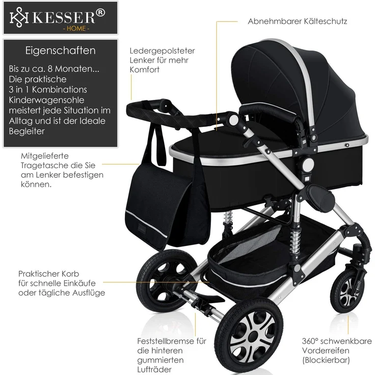KESSER® Loops 3 in 1 Kinderwagen Kombikinderwagen Komplettset incl. Babywanne & Buggy Sportsitz & Auto-Babyschale - Voll-Gummireifen - Wickeltasche/Regenschutz/Kindertisch Set Schwarz / Silber – Bild 2