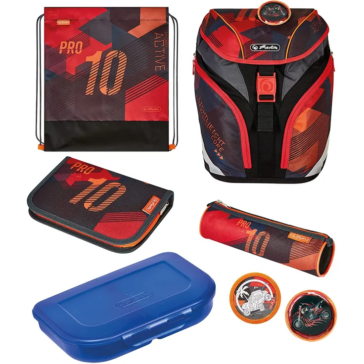 Herlitz SoftLight Plus Sports Schulranzen, schwarz/rot, inkl. befülltem 16 tlg. Schüleretui, Faulenzermäppchen, Sportbeutel