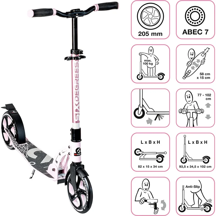 Six Degrees 569 'Aluminium Scooter 205 mm' Scooter, ab 6 Jahren, 5-fach höhenverstellbar bis 102 cm, klappbar, max. belastbar bis 100 kg, pastellrosa – Bild 2