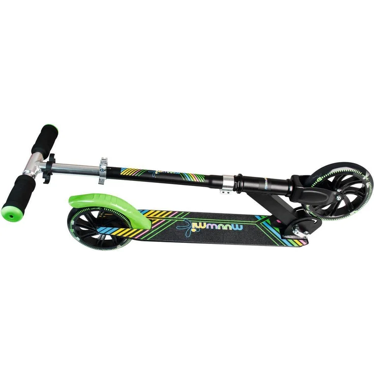 Muuwmi 337 'Aluminium Scooter NEON 180 mm' Scooter, ab 6 Jahren, 3-fach höhenverstellbar bis 92 cm, klappbar, mit Leuchtrollen, max. belastbar bis 100 kg, schwarz/grün – Bild 2