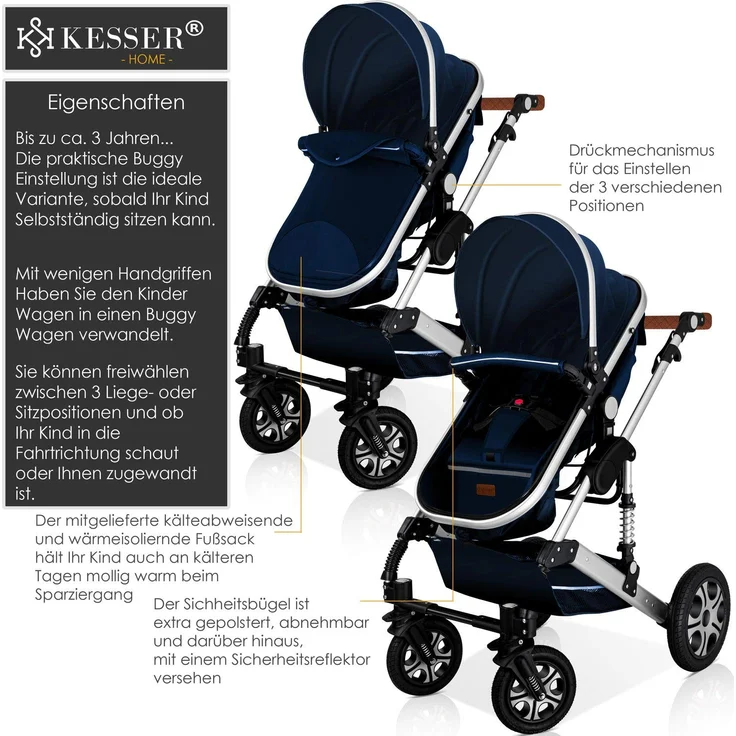 KESSER® 'Loops' Kombikinderwagen 3 in 1 Kinderwagen inkl. Babywanne, Buggy Sportsitz, Auto-Babyschale - Voll-Gummireifen - Wickeltasche/Regenschutz Blau / Silber – Bild 4