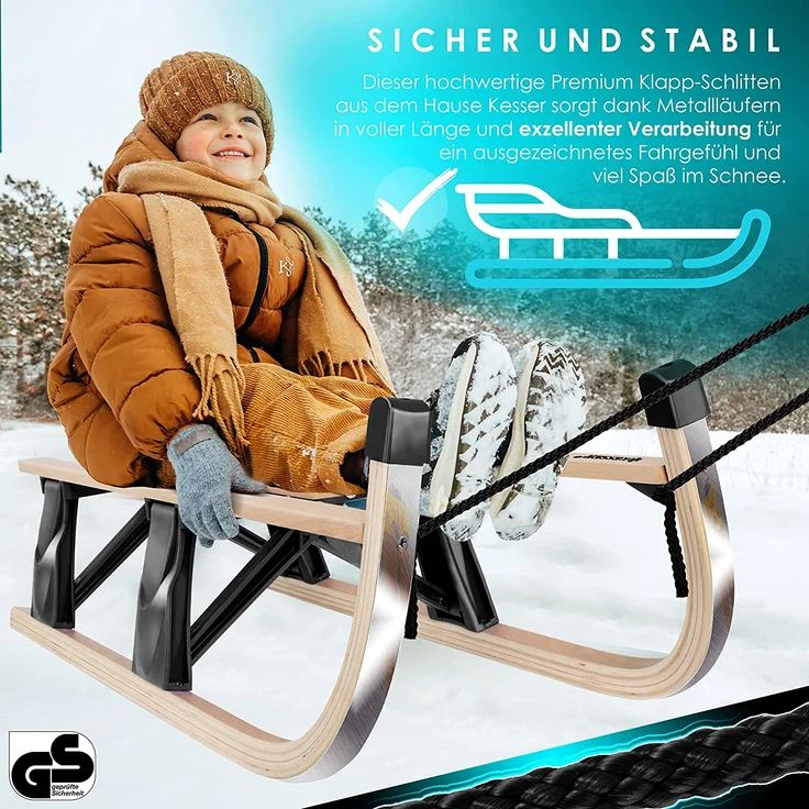 KESSER 'Holzschlitten', faltbar, aus Buchenholz, inkl. Zugseil, Schieber, Metallkufen, max. belastbar bis 120 kg, Schwarz – Bild 6