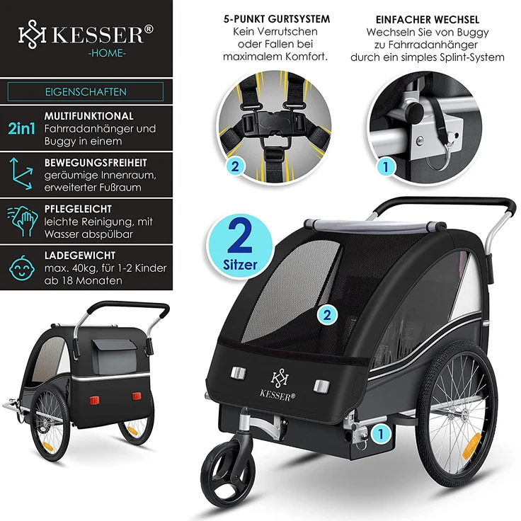 KESSER® Fahrradanhänger Sport-RX 2 in 1, mit Joggerfunktion, 5-Punkt Sicherheitsgurt, 360°-Vorderrad, für 1 bis 2 Kinder, max. 40kg, Schwarz - Preisvergleich – Bild 7