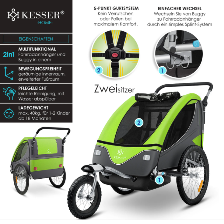 KESSER® 'Cruiser' Fahrradanhänger, 360° Drehbar mit Federung 2in1 Joggerfunktion Kinderfahrradanhänger, 5-Punkt Gurt Jogger Fahrrad Anhänger für 1 bis 2 Kinder max. 40 kg Hellgrün – Bild 2