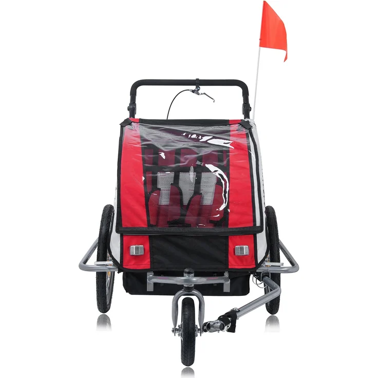 SAMAX Fahrradanhänger Jogger 2in1 360° drehbar Kinderanhänger Kinderfahrradanhänger Transportwagen vollgefederte Hinterachse für 2 Kinder in Rot - Silver Frame – Bild 6