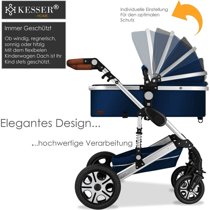 KESSER® 'Loops' Kombikinderwagen 3 in 1 Kinderwagen inkl. Babywanne, Buggy Sportsitz, Auto-Babyschale - Voll-Gummireifen - Wickeltasche/Regenschutz Blau / Silber – Bild 5