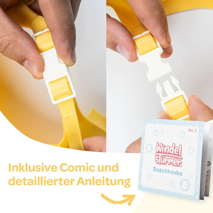 Windelstürmer® – Duschhaube Kinder –- eine Duschhaube für sorgenfreies Haare waschen Kinderschutz (Gelb) – Bild 2